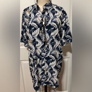 Slim Fit Navy Tropical Leaf Button-Down Shirt
